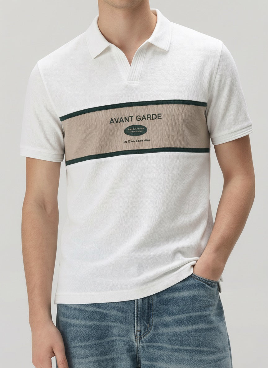 Men Off White Typography Colourblocked Polo Collar T-shirt