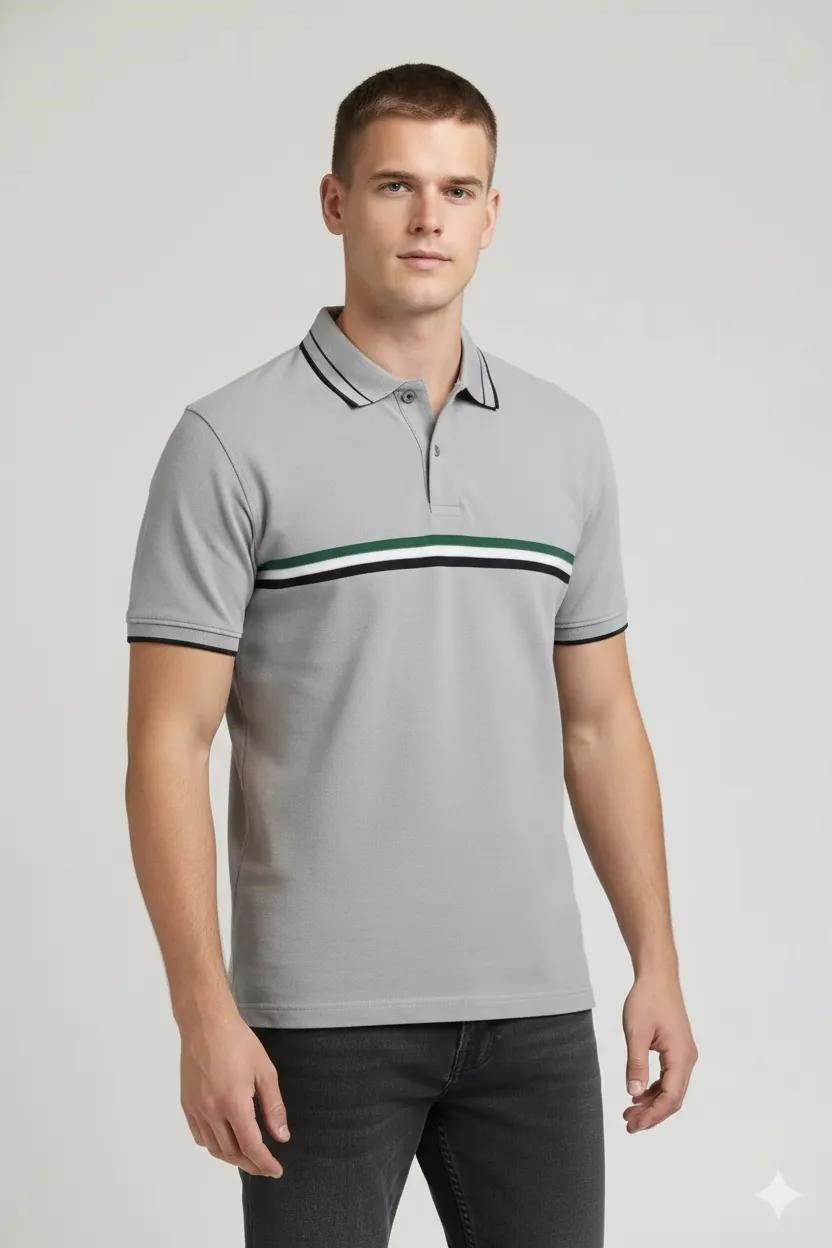 Men Aluminium Striped Polo Collar T-shirt