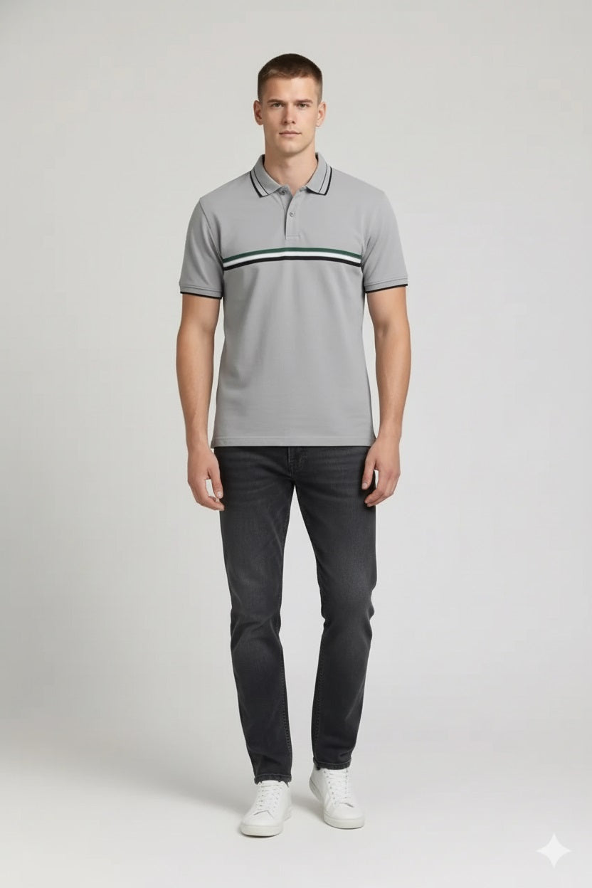 Men Aluminium Striped Polo Collar T-shirt