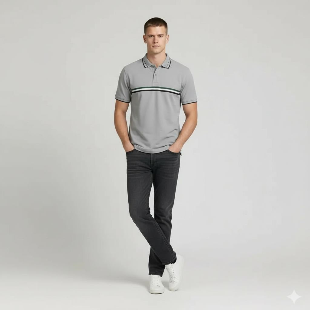 Men Aluminium Striped Polo Collar T-shirt
