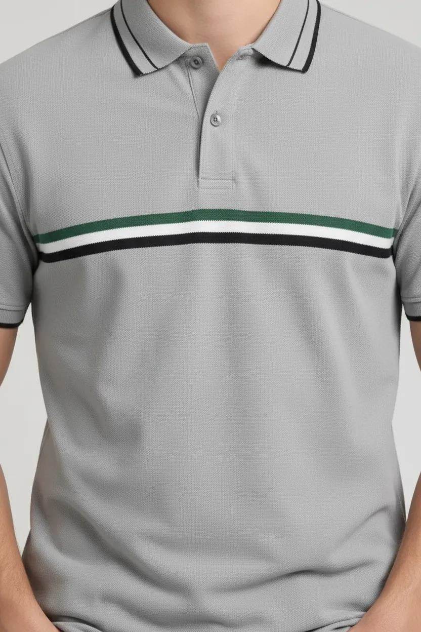 Men Aluminium Striped Polo Collar T-shirt