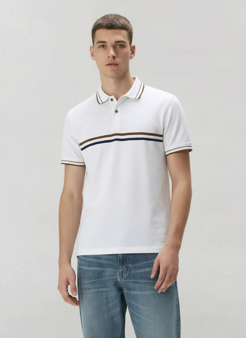 Men Off White Striped Polo Collar T-shirt