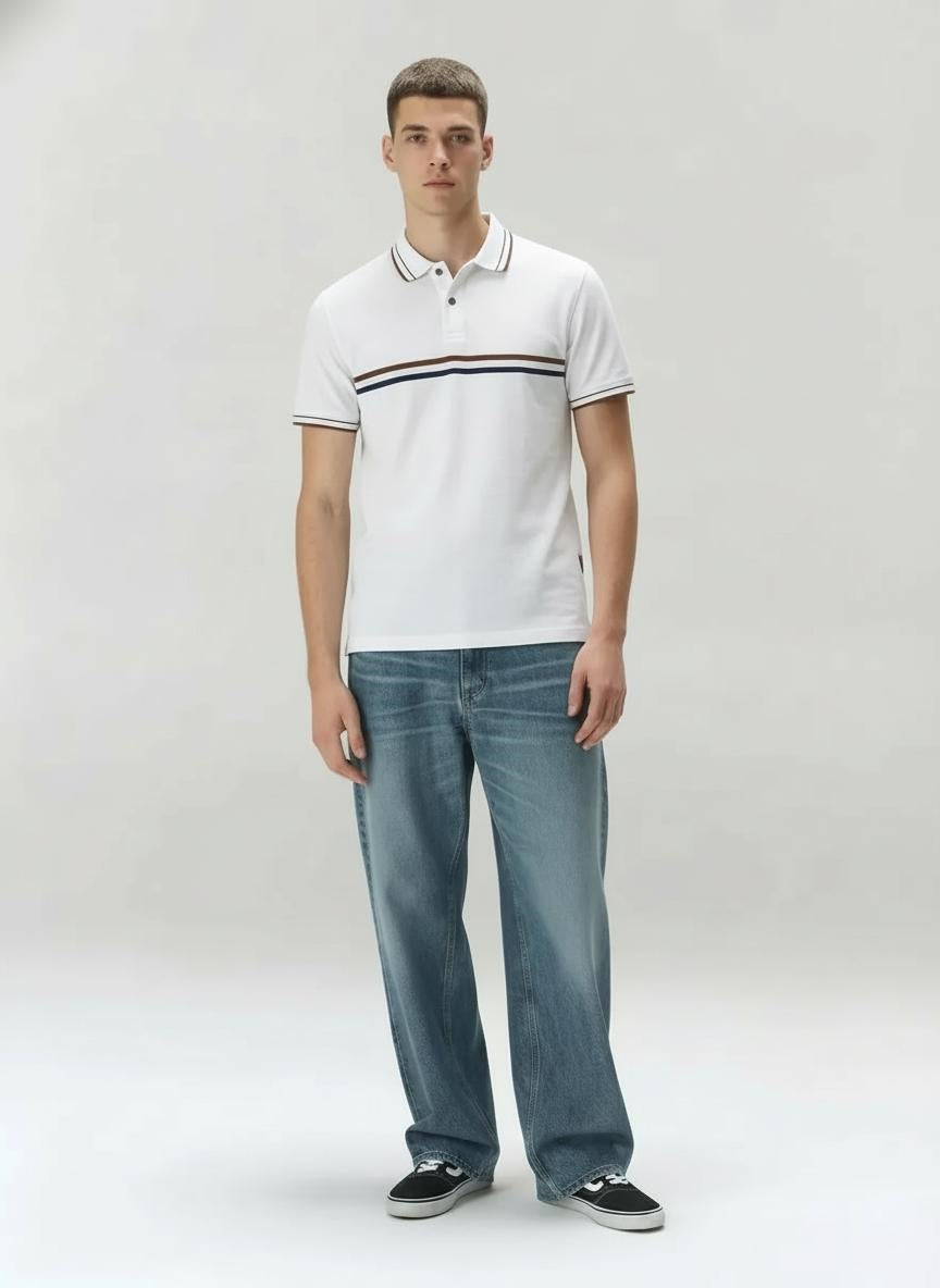 Men Off White Striped Polo Collar T-shirt