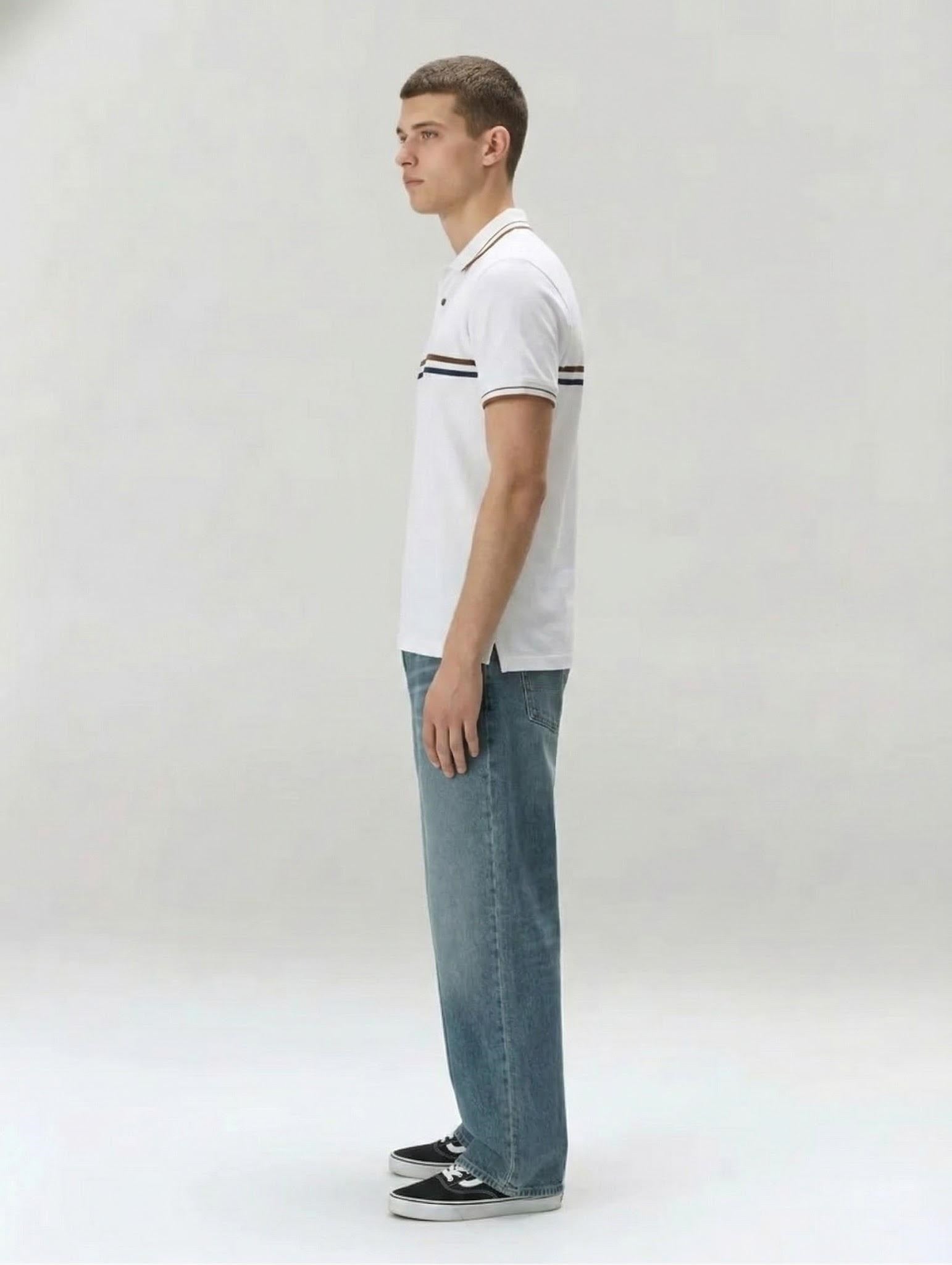 Men Off White Striped Polo Collar T-shirt