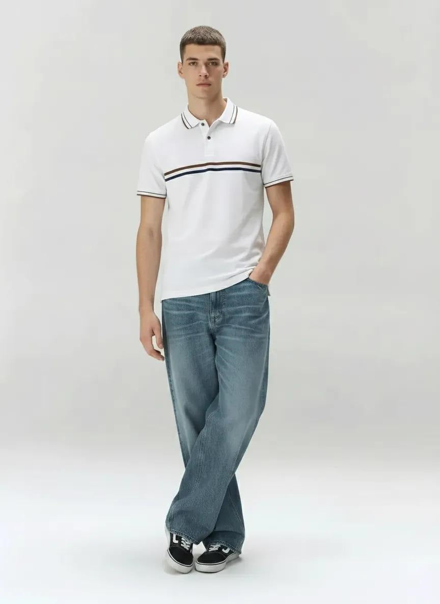 Men Off White Striped Polo Collar T-shirt