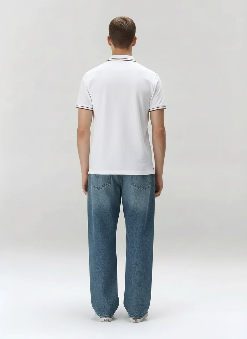 Men Off White Striped Polo Collar T-shirt