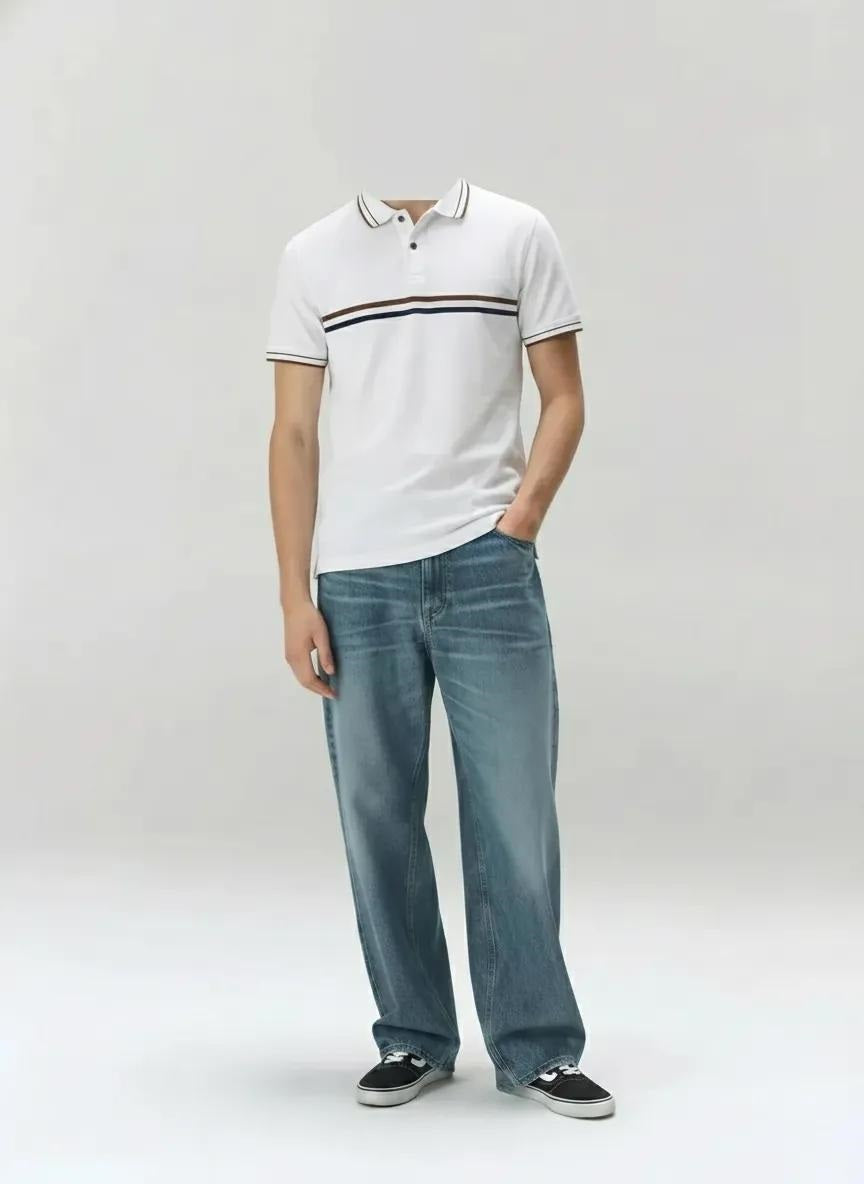 Men Off White Striped Polo Collar T-shirt