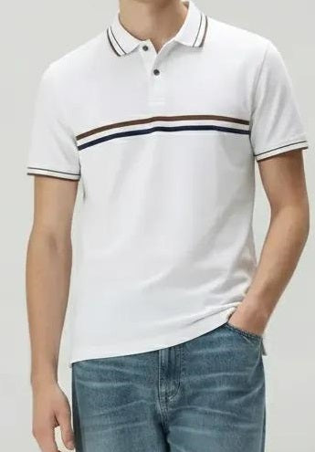 Men Off White Striped Polo Collar T-shirt