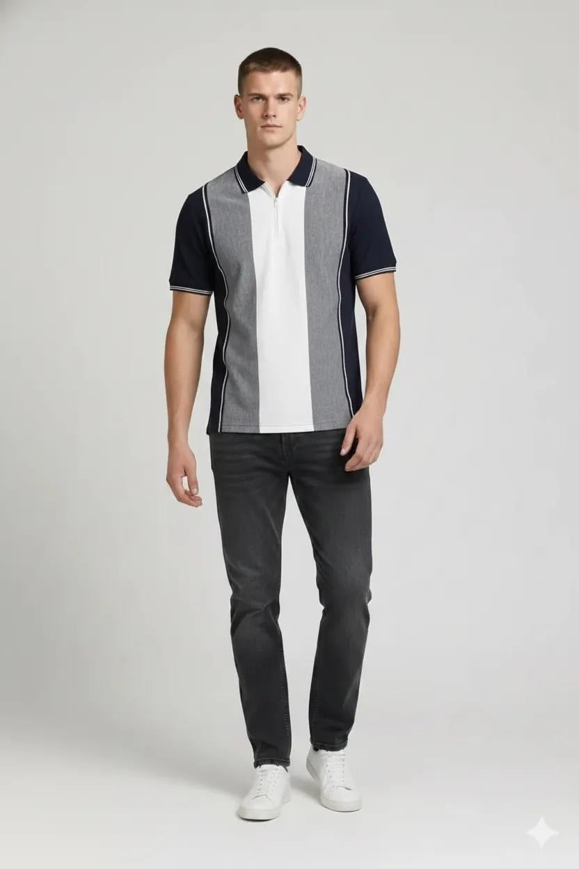 Men Navy Colourblocked Polo Collar T-shirt