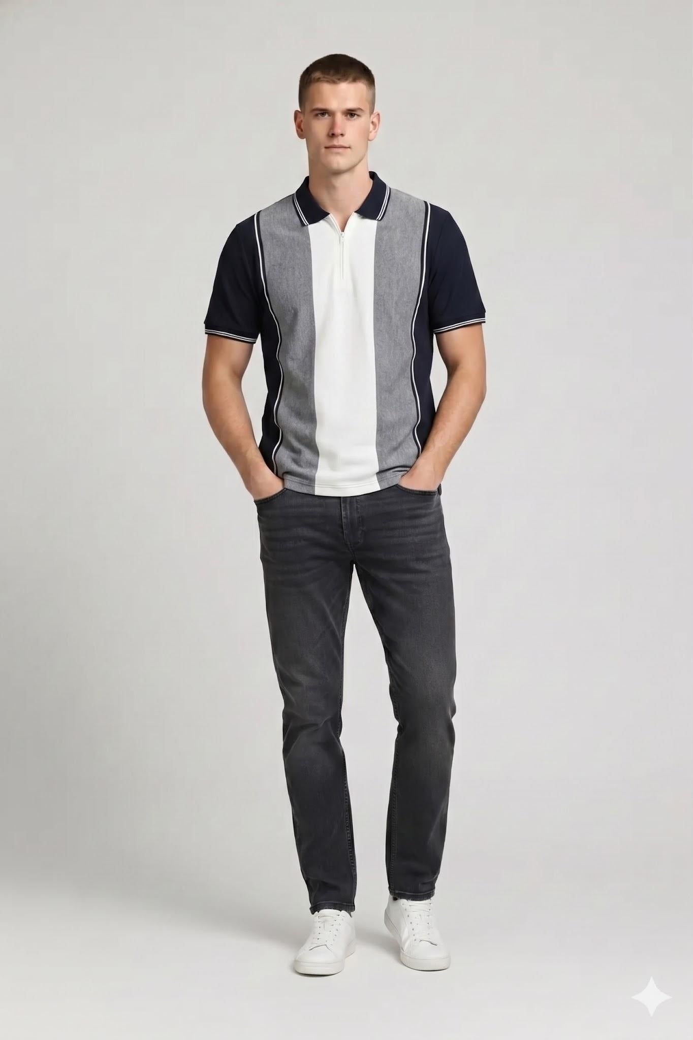 Men Navy Colourblocked Polo Collar T-shirt