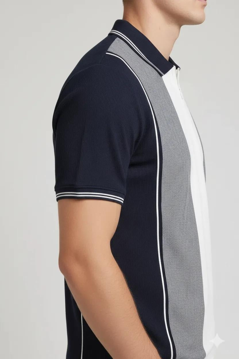 Men Navy Colourblocked Polo Collar T-shirt