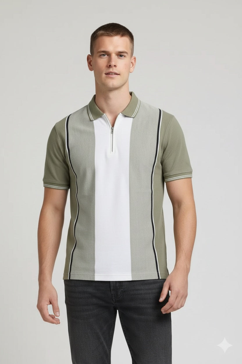 Men Oil Green Colourblocked Polo Collar T-shirt