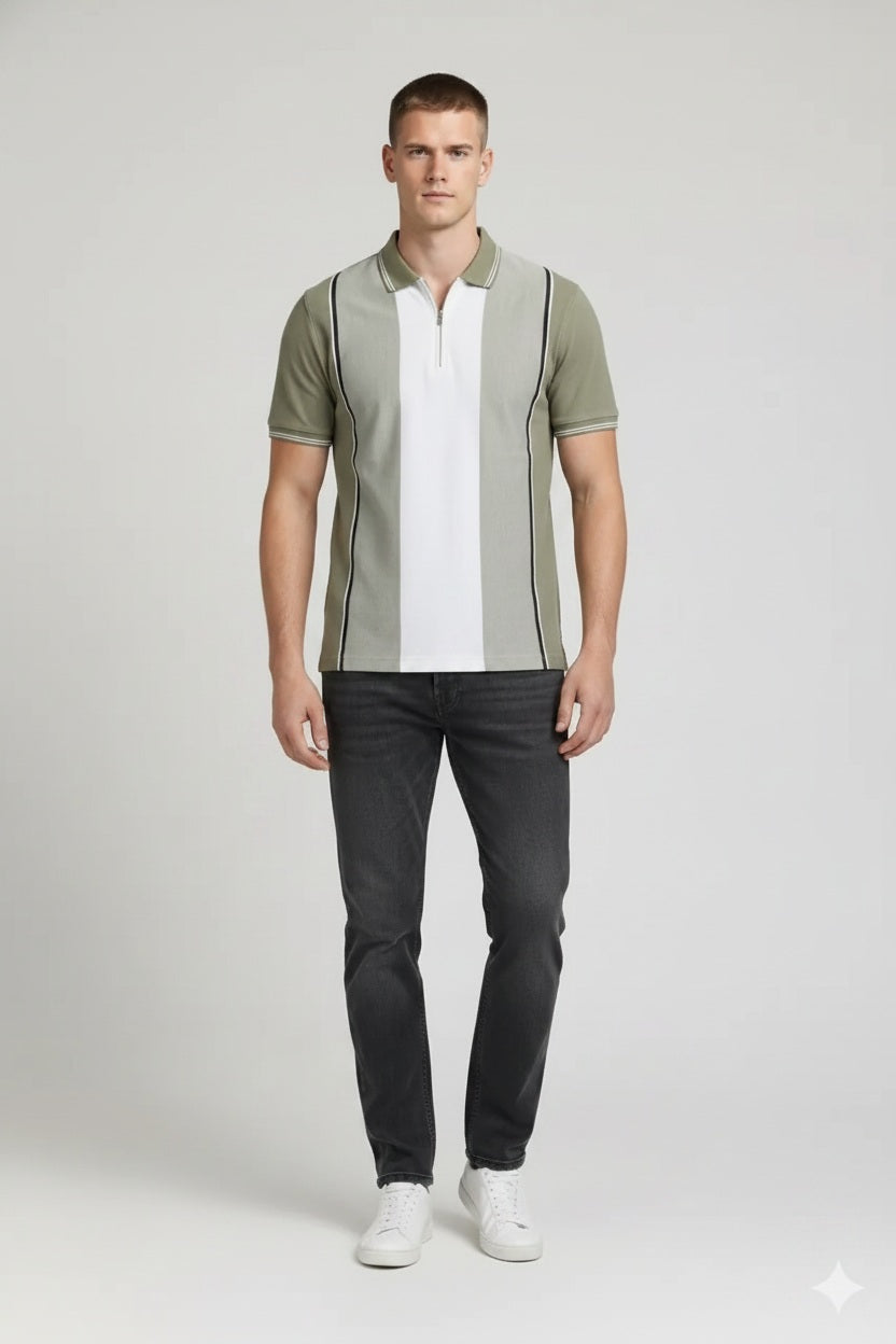 Men Oil Green Colourblocked Polo Collar T-shirt
