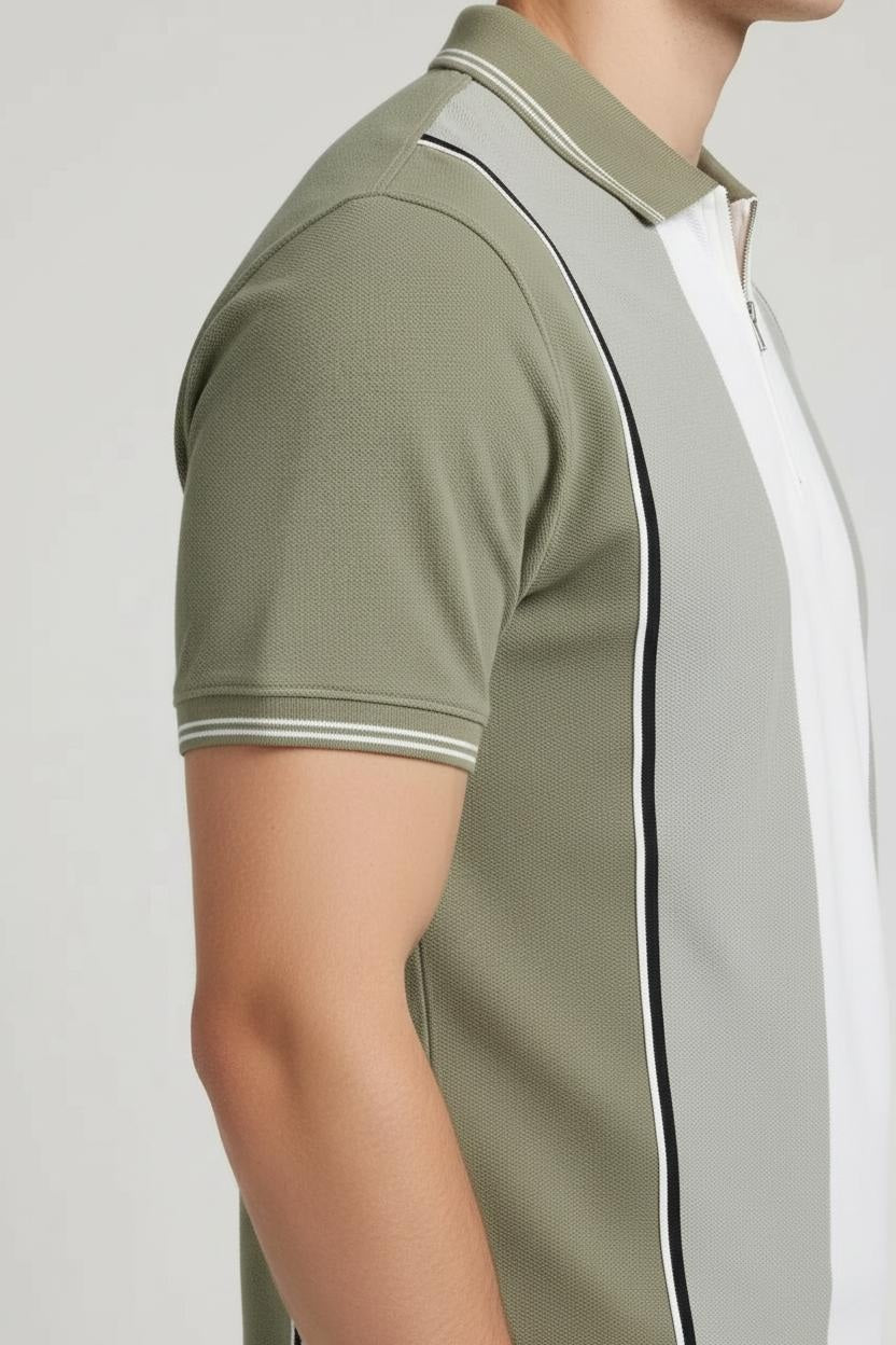 Men Oil Green Colourblocked Polo Collar T-shirt