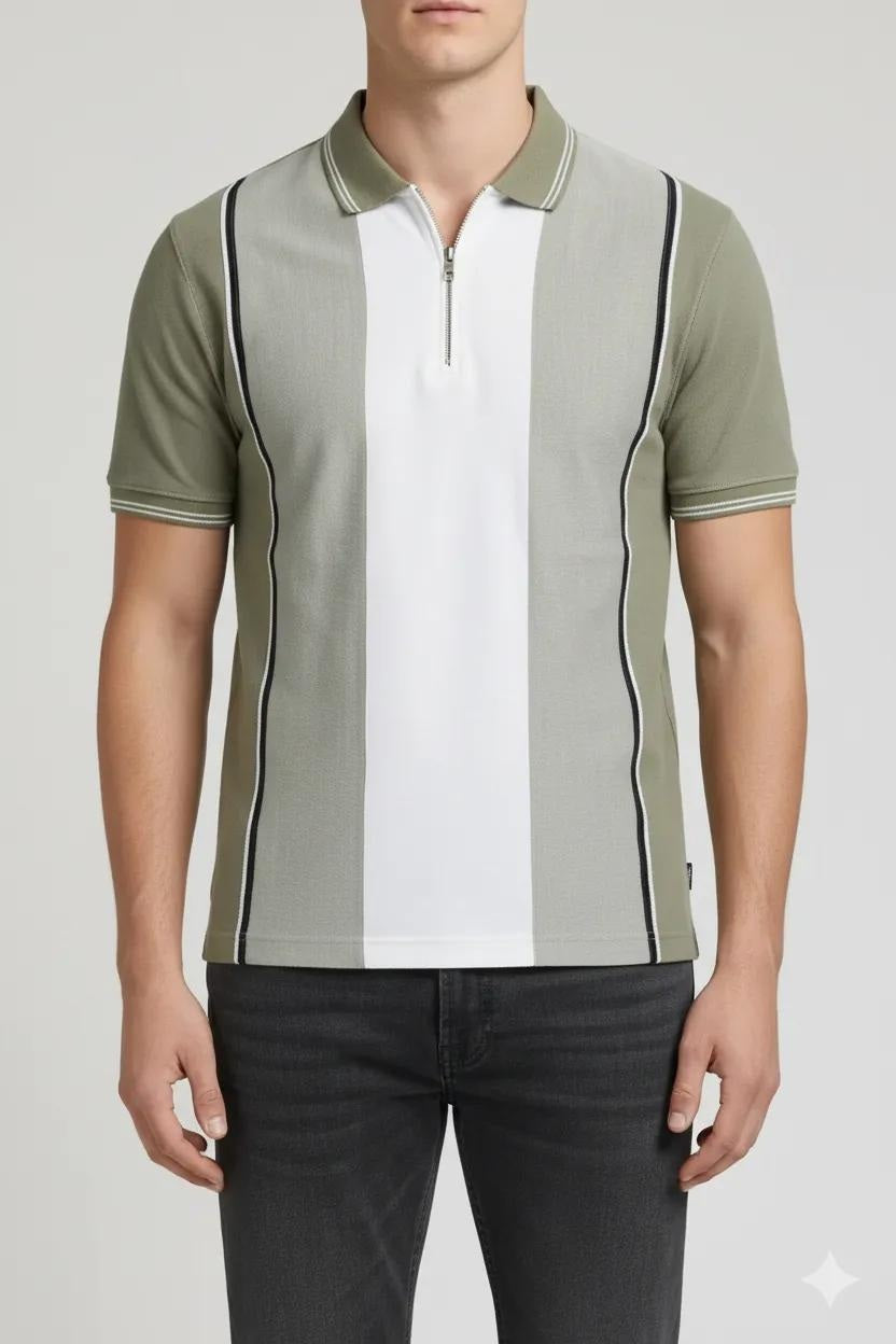 Men Oil Green Colourblocked Polo Collar T-shirt