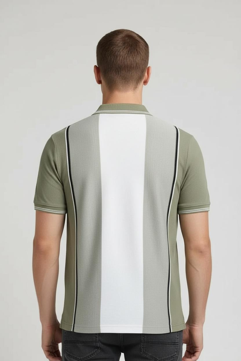 Men Oil Green Colourblocked Polo Collar T-shirt