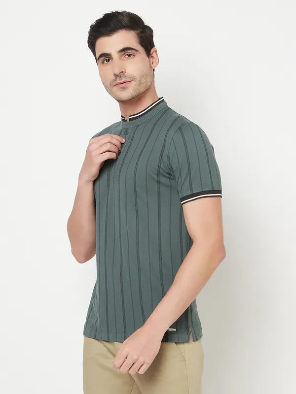 Octave Men Olive Green  Black Striped Mandarin Collar Cotton T-Shirt