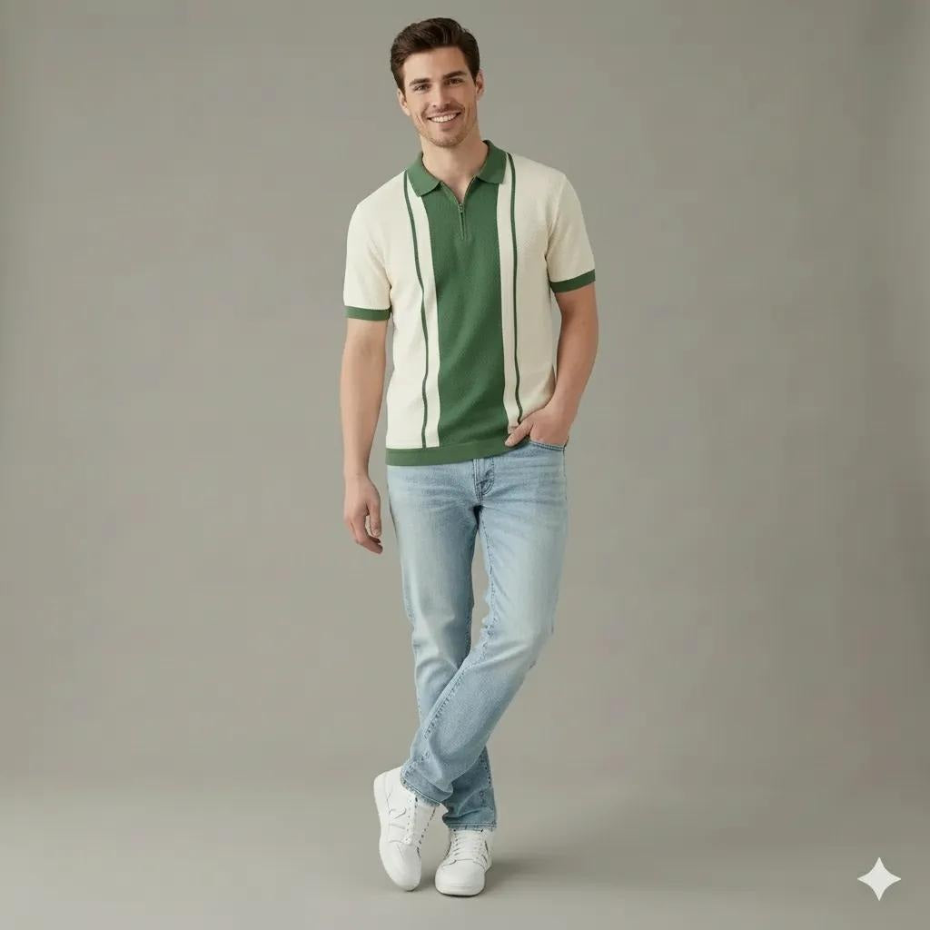Men Oil Green Colourblocked Polo Collar T-shirt