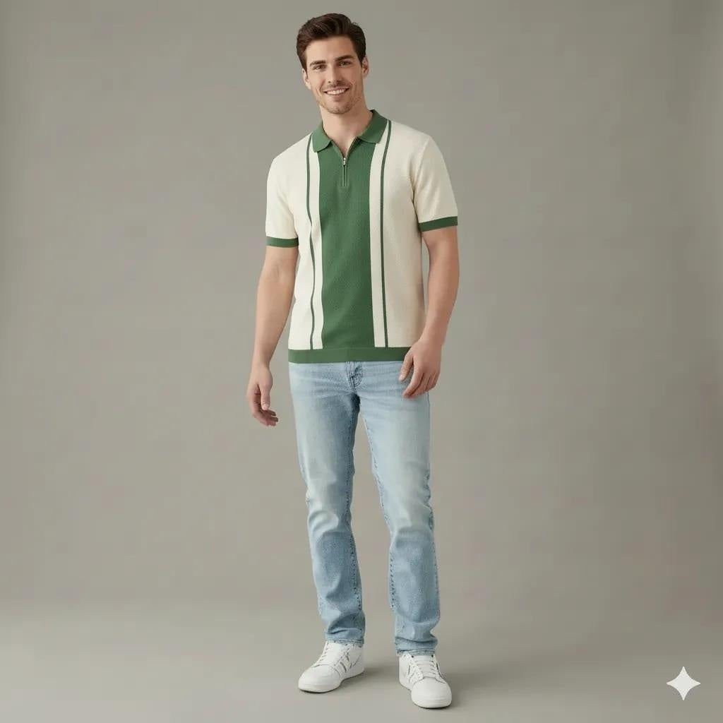 Men Oil Green Colourblocked Polo Collar T-shirt