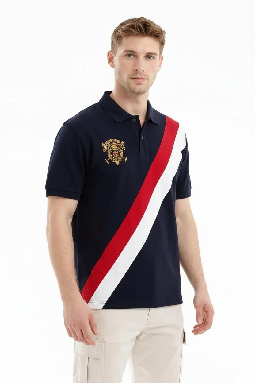 Men Navy Brand Logo Colourblocked Polo Collar T-shirt