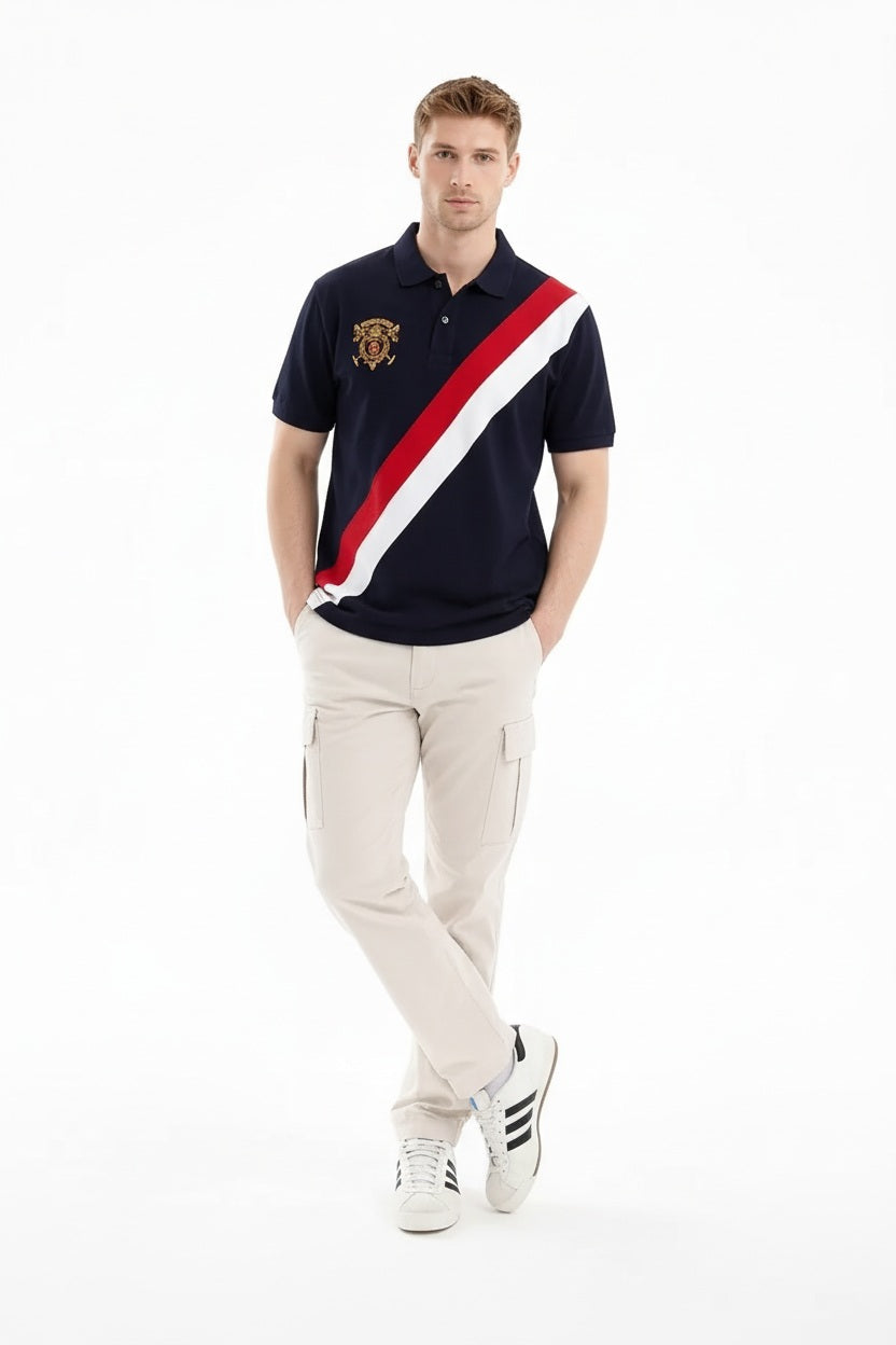 Men Navy Brand Logo Colourblocked Polo Collar T-shirt