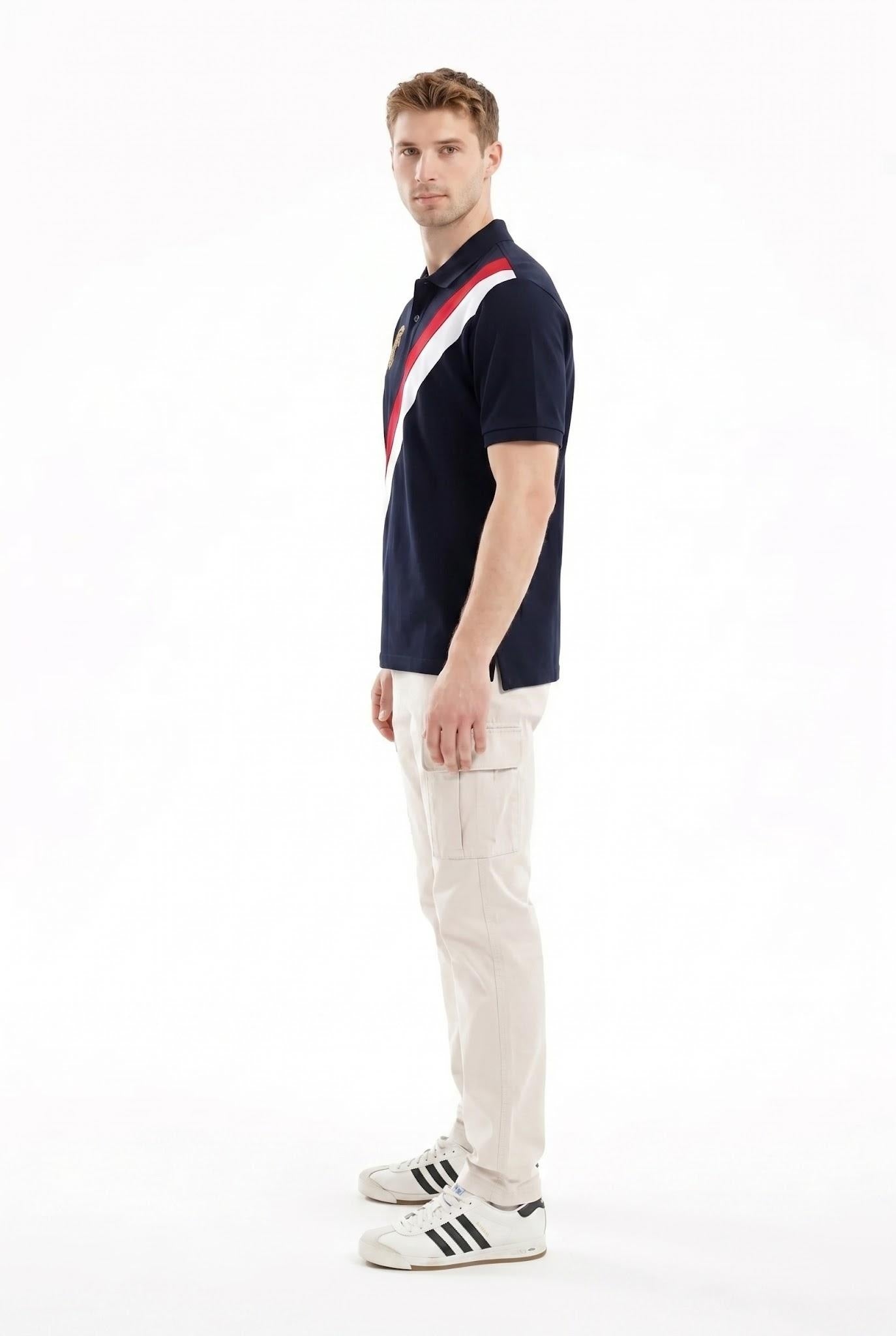 Men Navy Brand Logo Colourblocked Polo Collar T-shirt