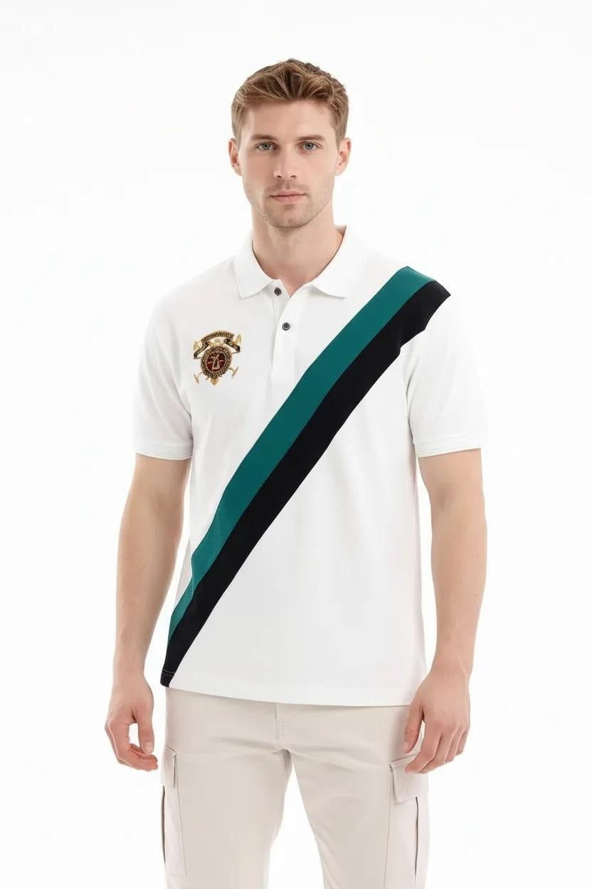 Men Off White Colourblocked Polo Collar T-shirt