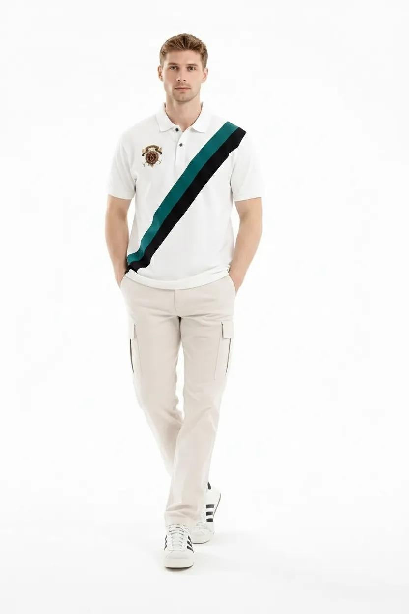 Men Off White Colourblocked Polo Collar T-shirt