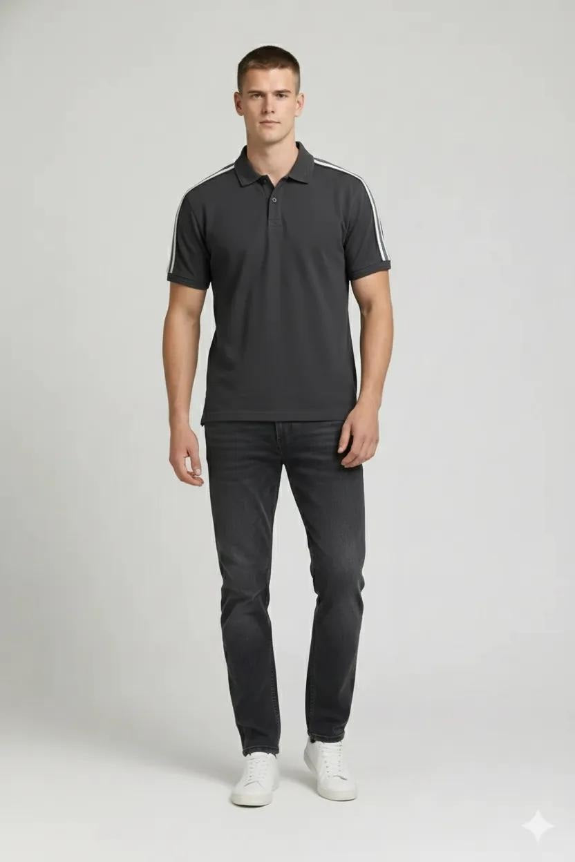 Men Navy Striped Polo Collar T-shirt