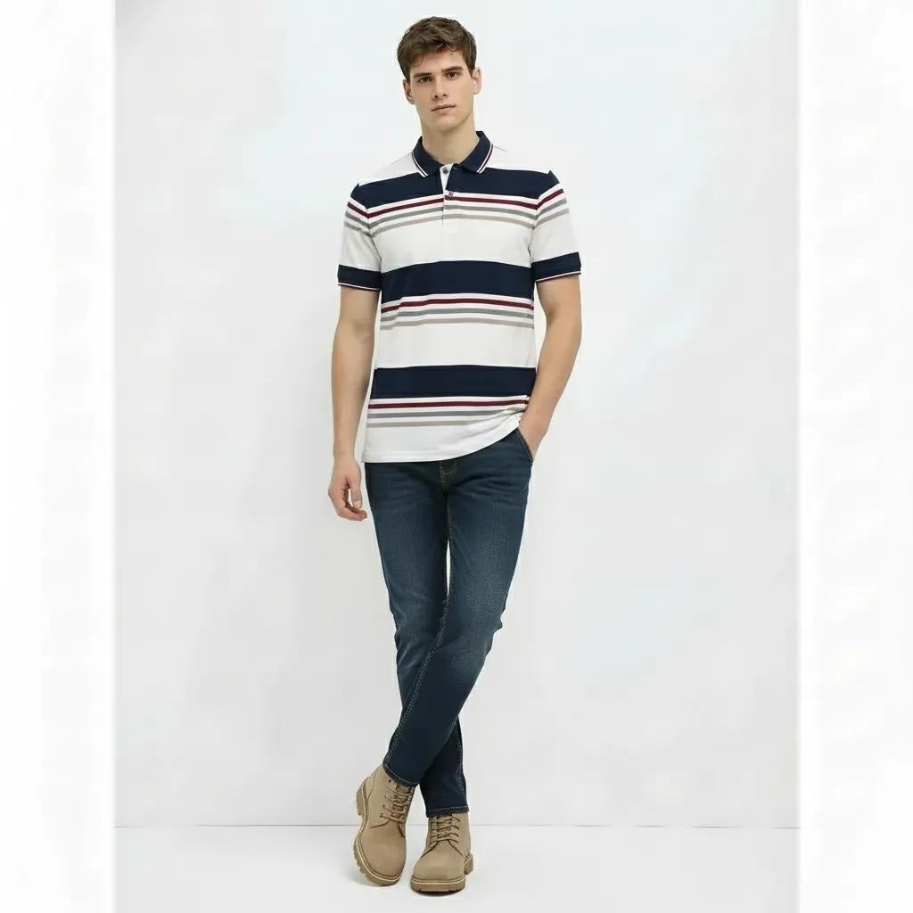Men Navy Colourblocked Polo Collar T-shirt