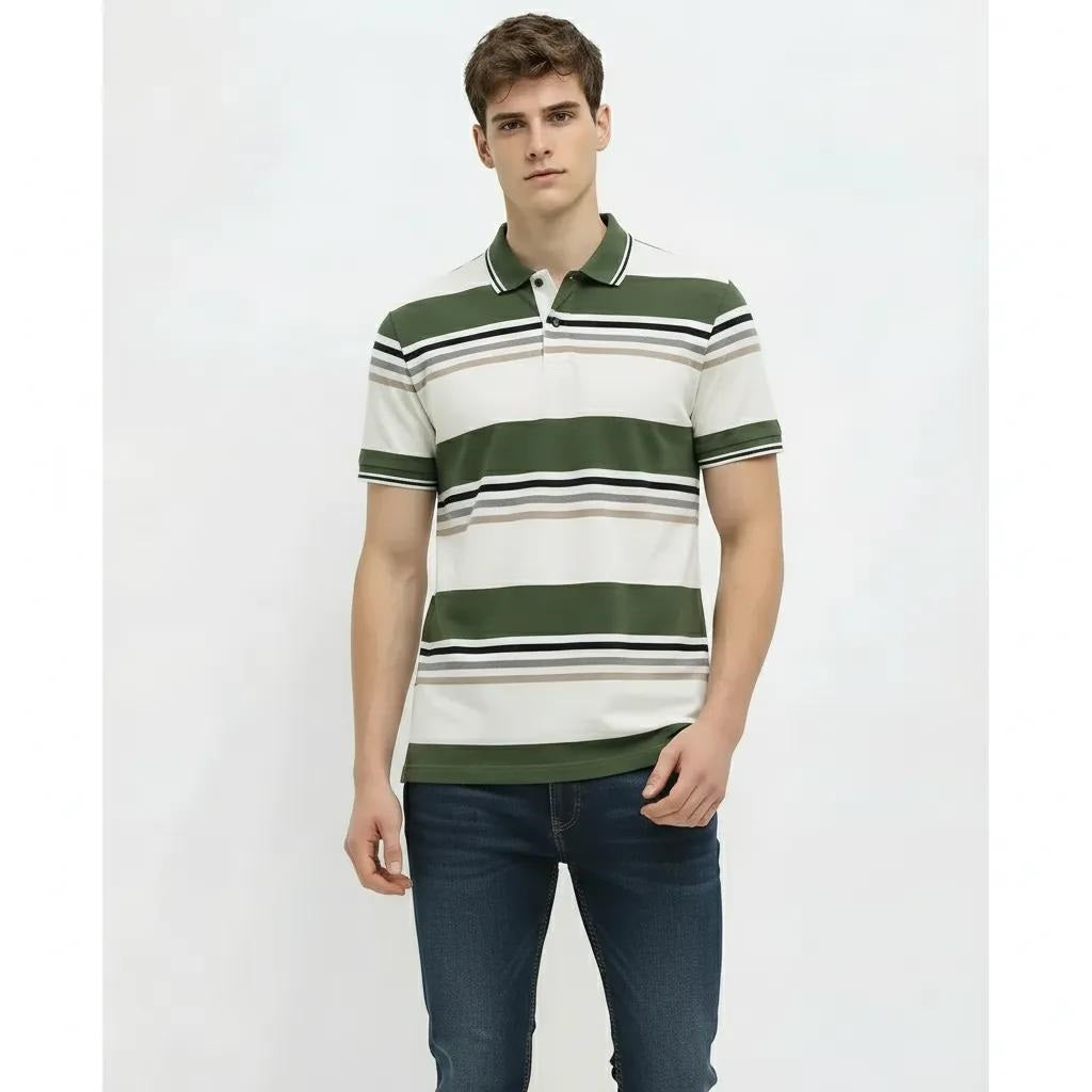 Men Olive Colourblocked Polo Collar T-shirt