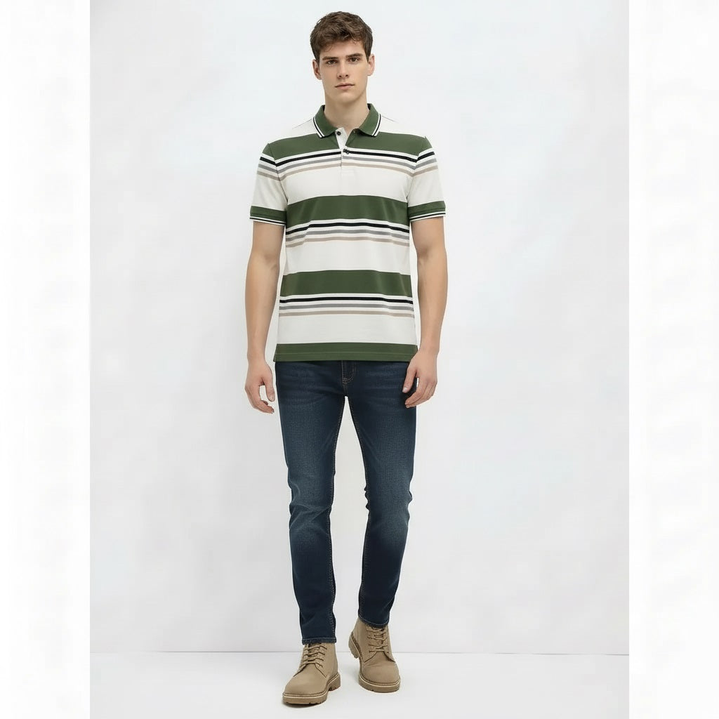 Men Olive Colourblocked Polo Collar T-shirt