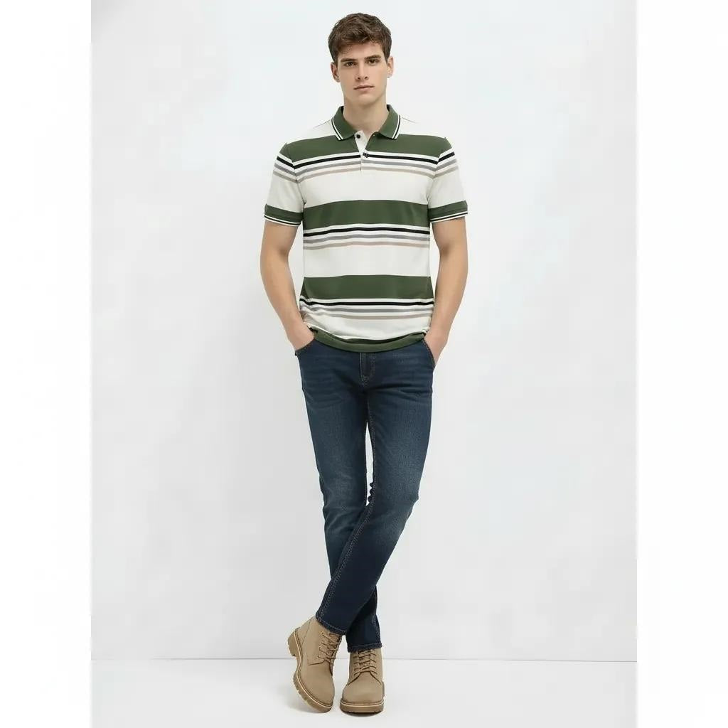 Men Olive Colourblocked Polo Collar T-shirt