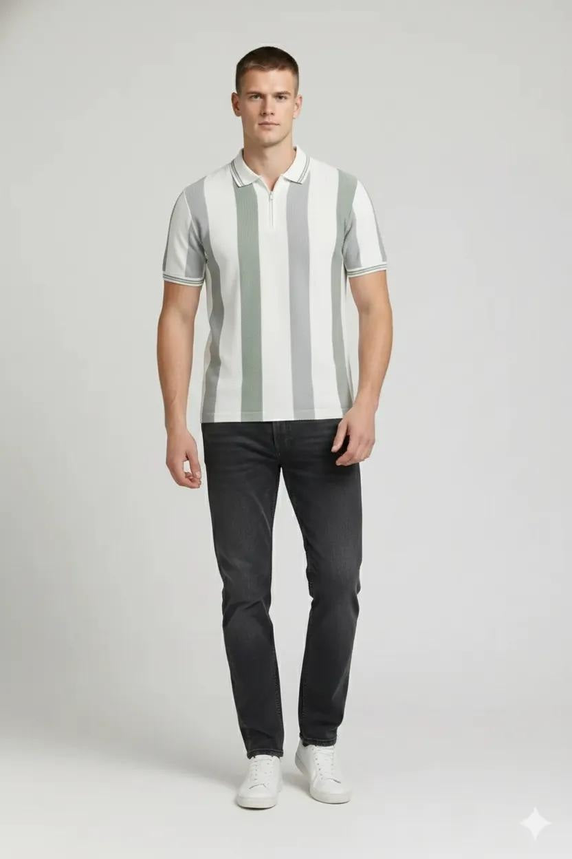 Men Oil Green Striped Polo Collar T-shirt