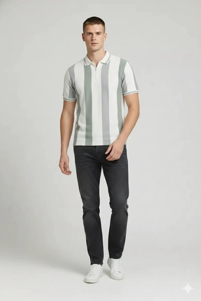 Men Oil Green Striped Polo Collar T-shirt