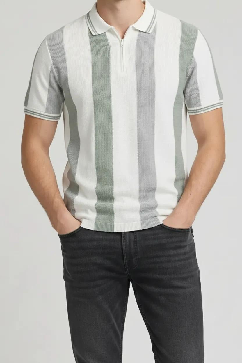 Men Oil Green Striped Polo Collar T-shirt