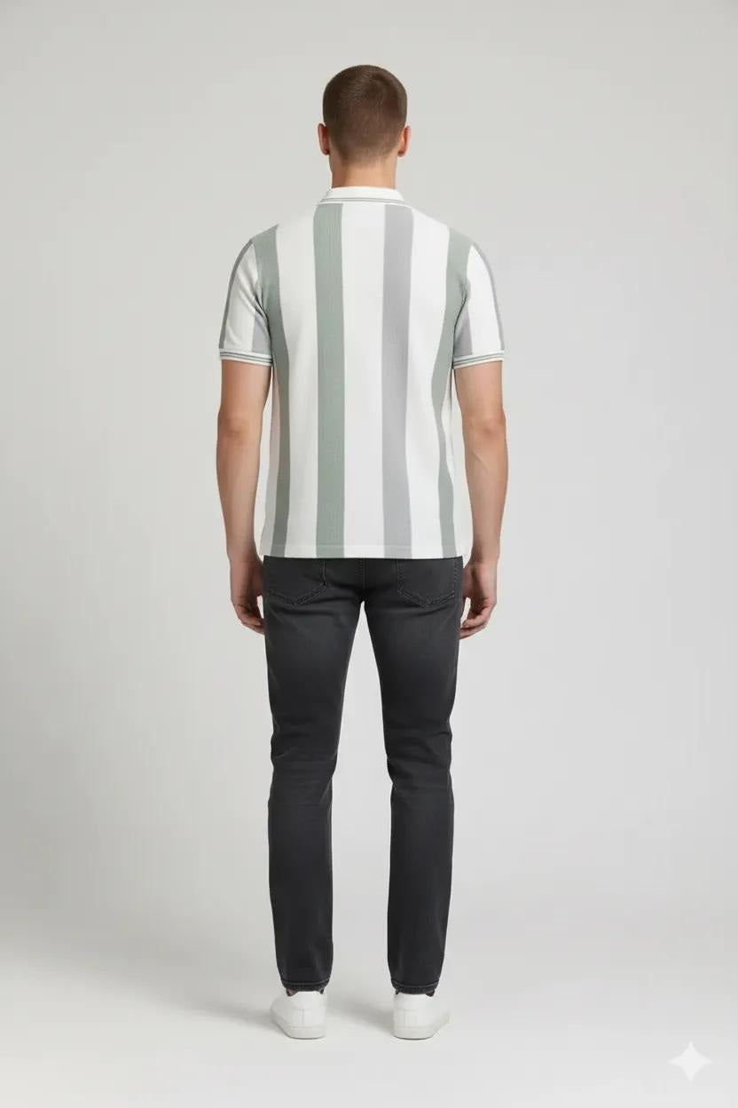 Men Oil Green Striped Polo Collar T-shirt