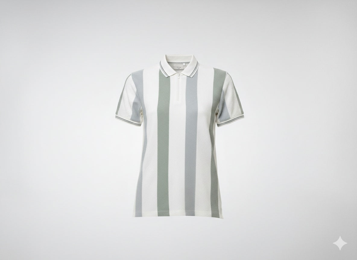 Men Oil Green Striped Polo Collar T-shirt