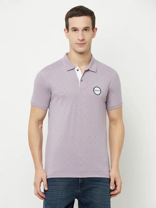 Octave Men Purple  Lilac Marble Polo Collar Applique T-Shirt