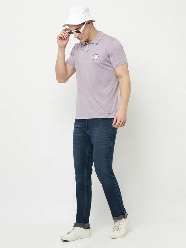 Octave Men Purple  Lilac Marble Polo Collar Applique T-Shirt
