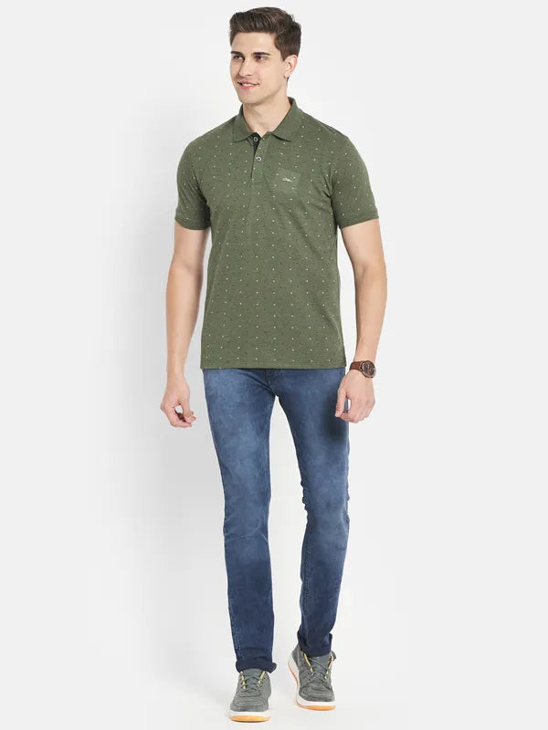 Octave Men Olive Green Printed Polo Collar T-Shirt