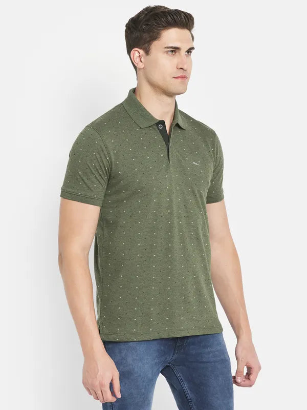 Octave Men Olive Green Printed Polo Collar T-Shirt