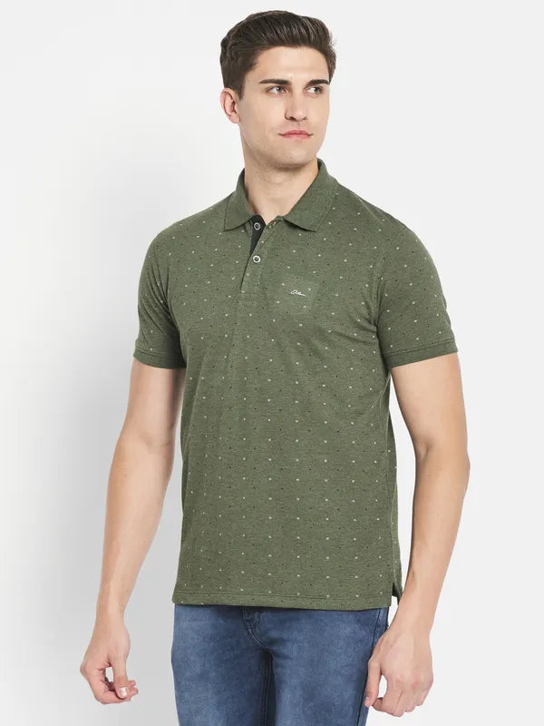 Octave Men Olive Green Printed Polo Collar T-Shirt