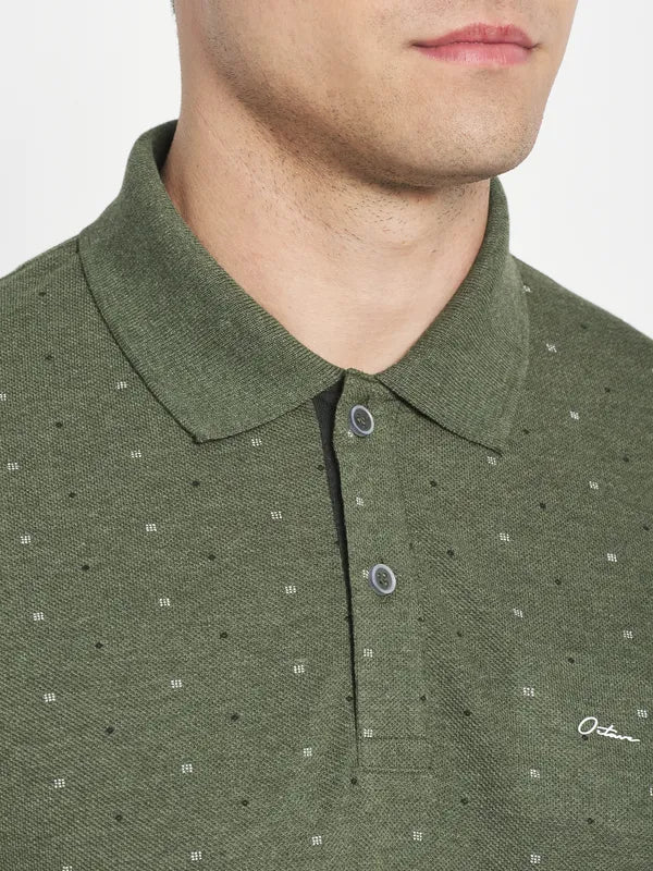 Octave Men Olive Green Printed Polo Collar T-Shirt