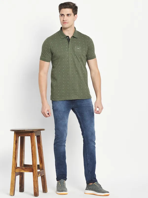 Octave Men Olive Green Printed Polo Collar T-Shirt