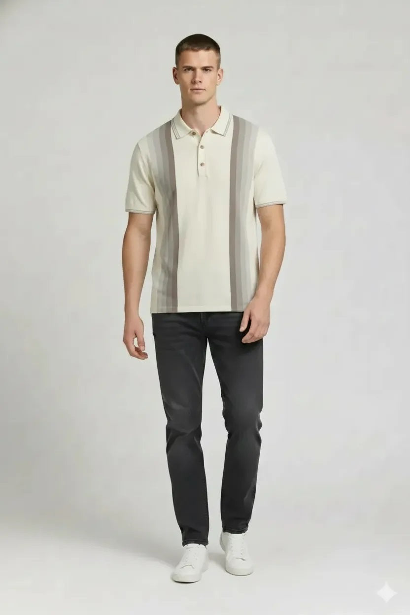 Men Off White Striped Polo Collar T-shirt
