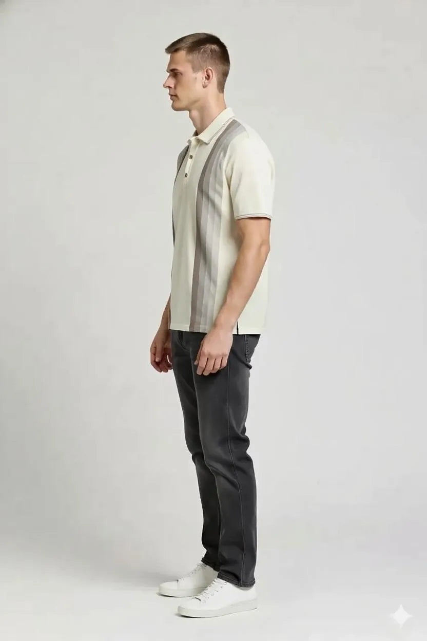 Men Off White Striped Polo Collar T-shirt
