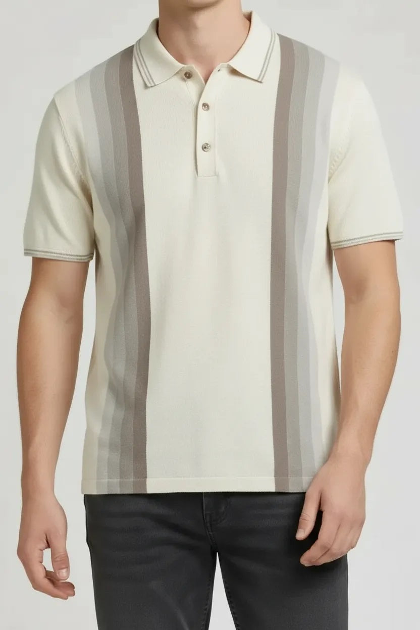 Men Off White Striped Polo Collar T-shirt