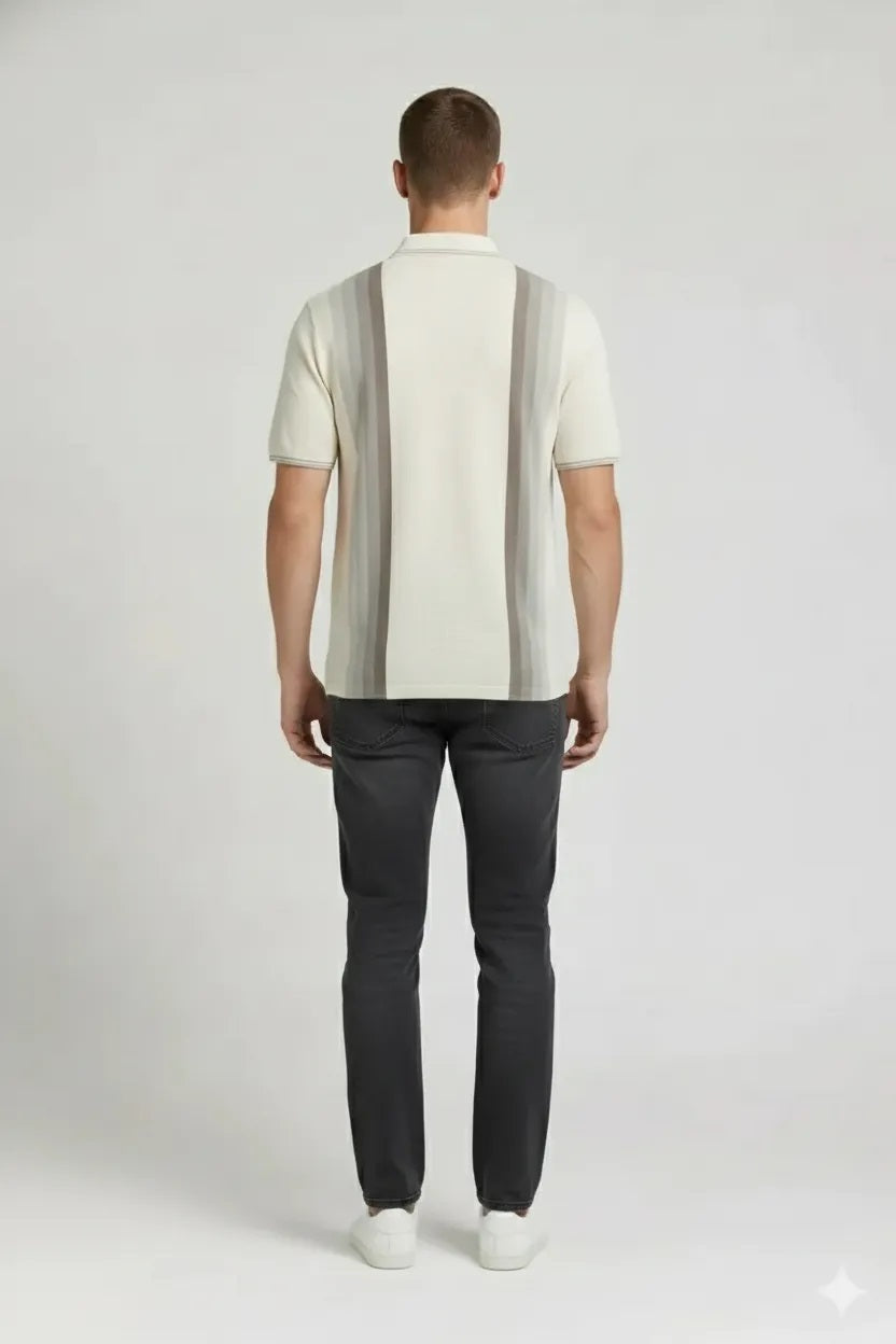 Men Off White Striped Polo Collar T-shirt