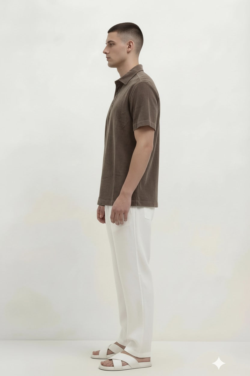 Men Espresso Solid Polo Collar T-shirt